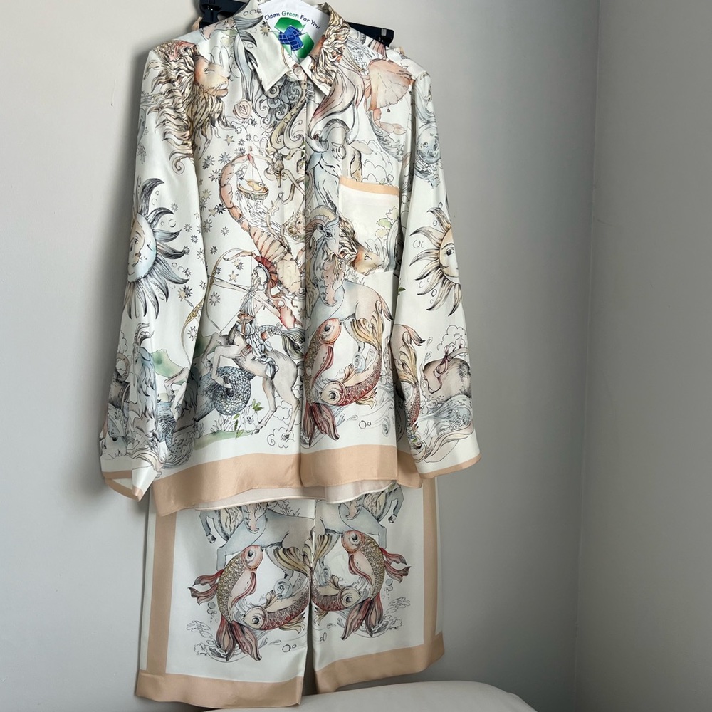 ZARA limited edition Astrology print pant & shirt silk set - 100% silk